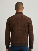 Mens Dark Brown Suede Bomber Jacket Stand Collar Ribbed Cuffs back side