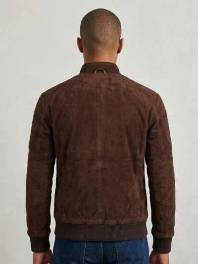 Mens Dark Brown Suede Bomber Jacket Stand Collar Ribbed Cuffs back side
