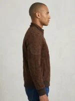 Mens Dark Brown Suede Bomber Jacket Stand Collar Ribbed Cuffs arm side