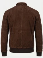 Mens Dark Brown Suede Bomber Jacket Stand Collar Ribbed Cuffs back