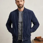 Men's Navy Blue Suede Bomber Jacket with Ribbed Collar