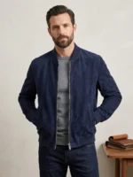 Men's Navy Blue Suede Bomber Jacket with Ribbed Collar
