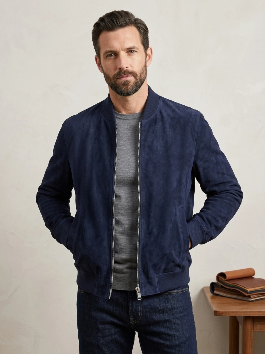 Mens Navy Blue Suede Bomber Jacket With Ribbed Collar (1) Men's Navy Blue Suede Bomber Jacket with Ribbed Collar