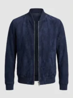 Men's Navy Blue Suede Bomber Jacket with Ribbed Collar front
