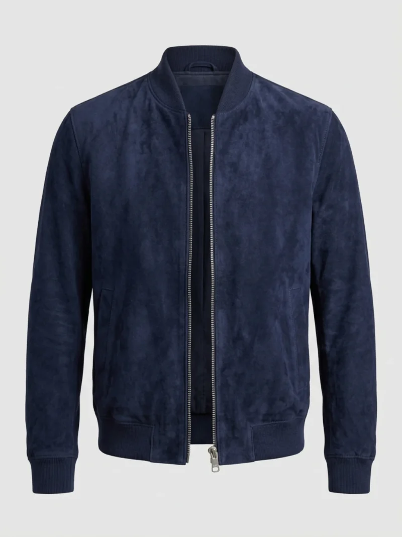 Men's Navy Blue Suede Bomber Jacket with Ribbed Collar front
