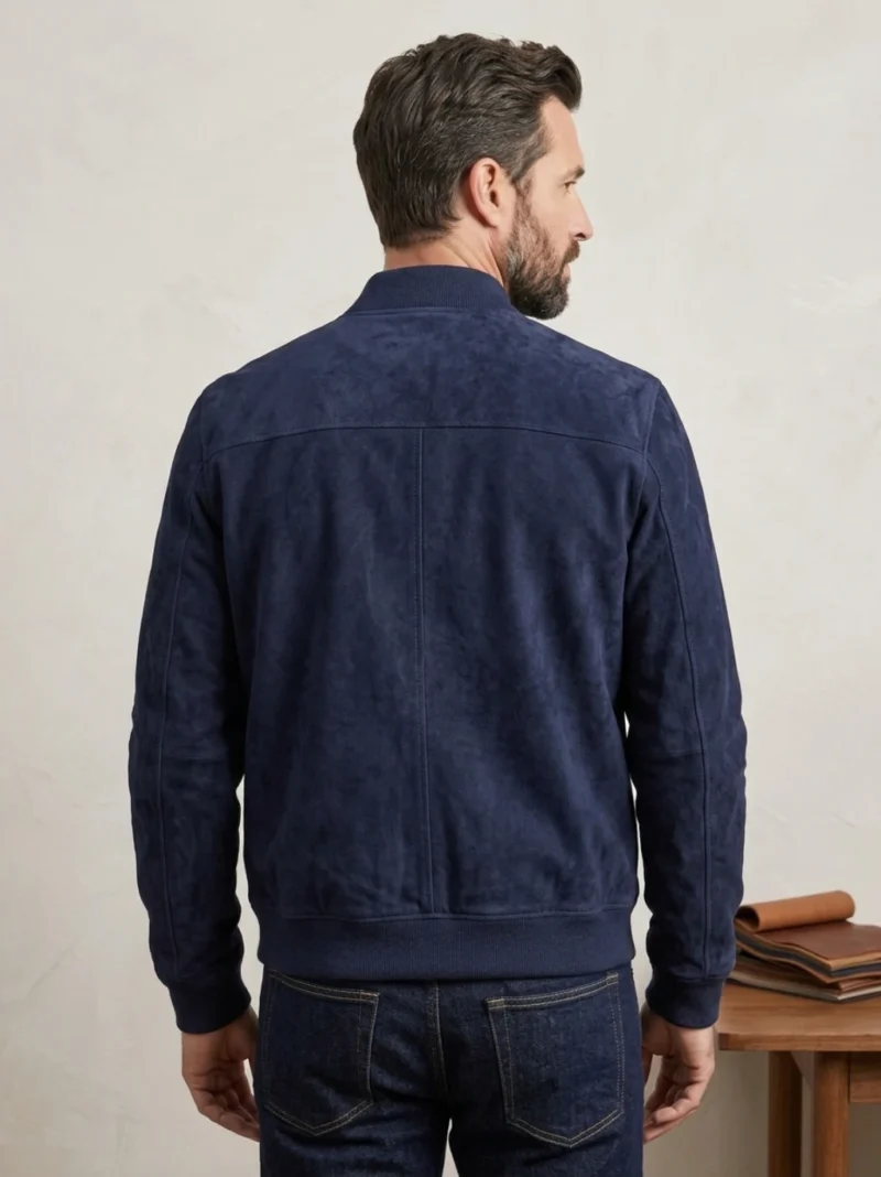 Men's Navy Blue Suede Bomber Jacket with Ribbed Collar - Image 2
