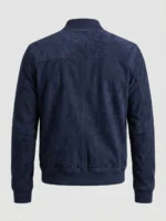 Men's Navy Blue Suede Bomber Jacket with Ribbed Collar back
