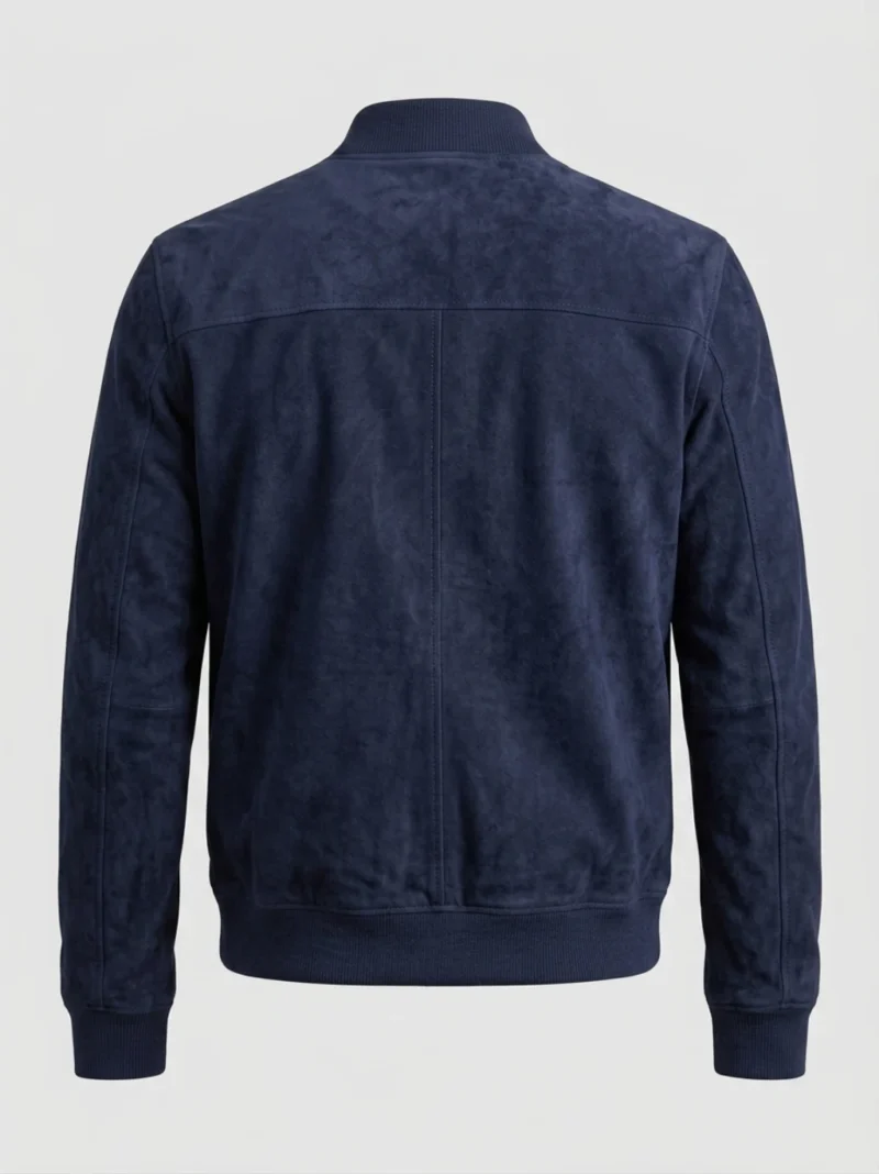 Men's Navy Blue Suede Bomber Jacket with Ribbed Collar back
