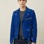 Mens Royal Blue Suede Biker Jacket Asymmetrical Zip Belted Motorcycle Style
