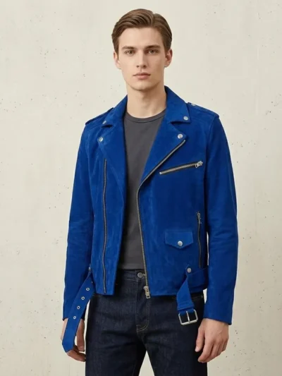 Mens Royal Blue Suede Biker Jacket Asymmetrical Zip Belted Motorcycle Style