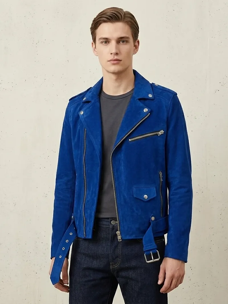 Mens Royal Blue Suede Biker Jacket Asymmetrical Zip Belted Motorcycle Style (1) Mens Royal Blue Suede Biker Jacket Asymmetrical Zip Belted Motorcycle Style