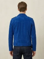 Mens Royal Blue Suede Biker Jacket Asymmetrical Zip Belted Motorcycle Style back