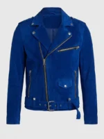 Mens Royal Blue Suede Biker Jacket Asymmetrical Zip Belted Motorcycle Style front