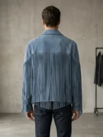 Mens Slate Blue Suede Fringe Jacket Western Style back side