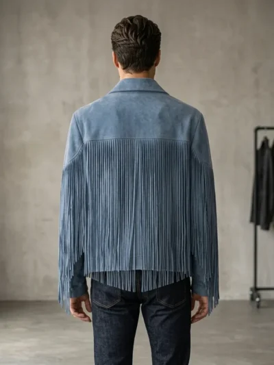 Mens Slate Blue Suede Fringe Jacket Western Style back side