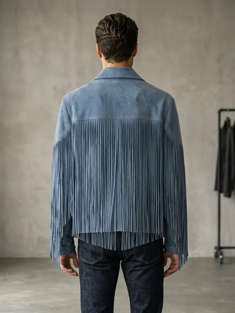 Mens Slate Blue Suede Fringe Jacket Western Style back side