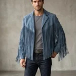 Mens Slate Blue Suede Fringe Jacket Western Style wearing men