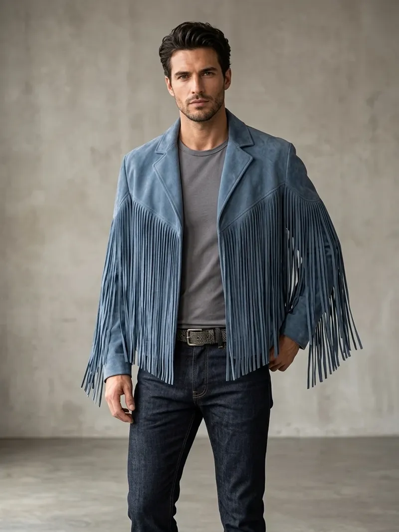Mens Slate Blue Suede Fringe Jacket Western Cowboy Style (2) Mens Slate Blue Suede Fringe Jacket Western Style wearing men