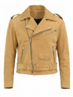 Mens Tan Suede Biker Jacket Asymmetrical Zip Belted Motorcycle Style front