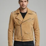 Mens Tan Suede Biker Jacket Asymmetrical Zip Belted Motorcycle Style