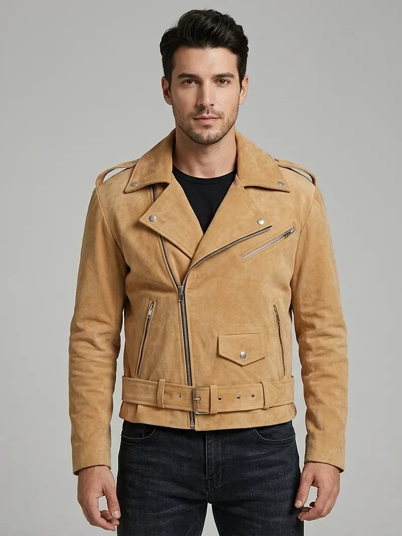 Mens Tan Suede Biker Jacket Asymmetrical Zip Belted Motorcycle Style (3) Mens Tan Suede Biker Jacket Asymmetrical Zip Belted Motorcycle Style
