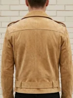 Mens Tan Suede Biker Jacket Asymmetrical Zip Belted Motorcycle Style back side