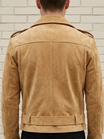 Mens Tan Suede Biker Jacket Asymmetrical Zip Belted Motorcycle Style back side