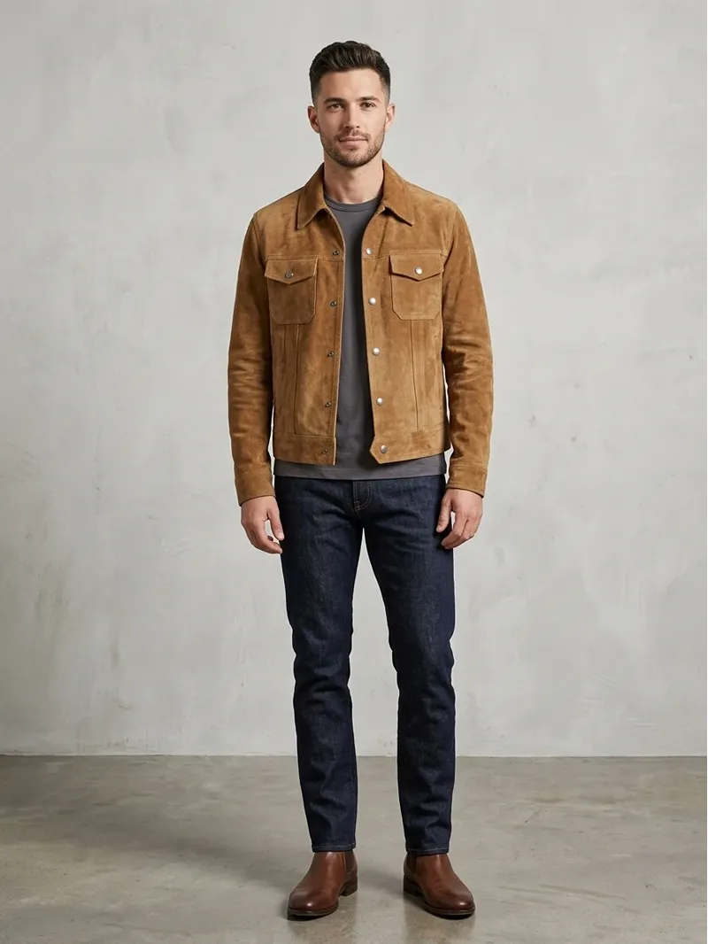 Mens Tan Suede Trucker Jacket Classic Western Workwear Style (1) Mens Tan Suede Trucker Jacket Classic Western Workwear Style (1)