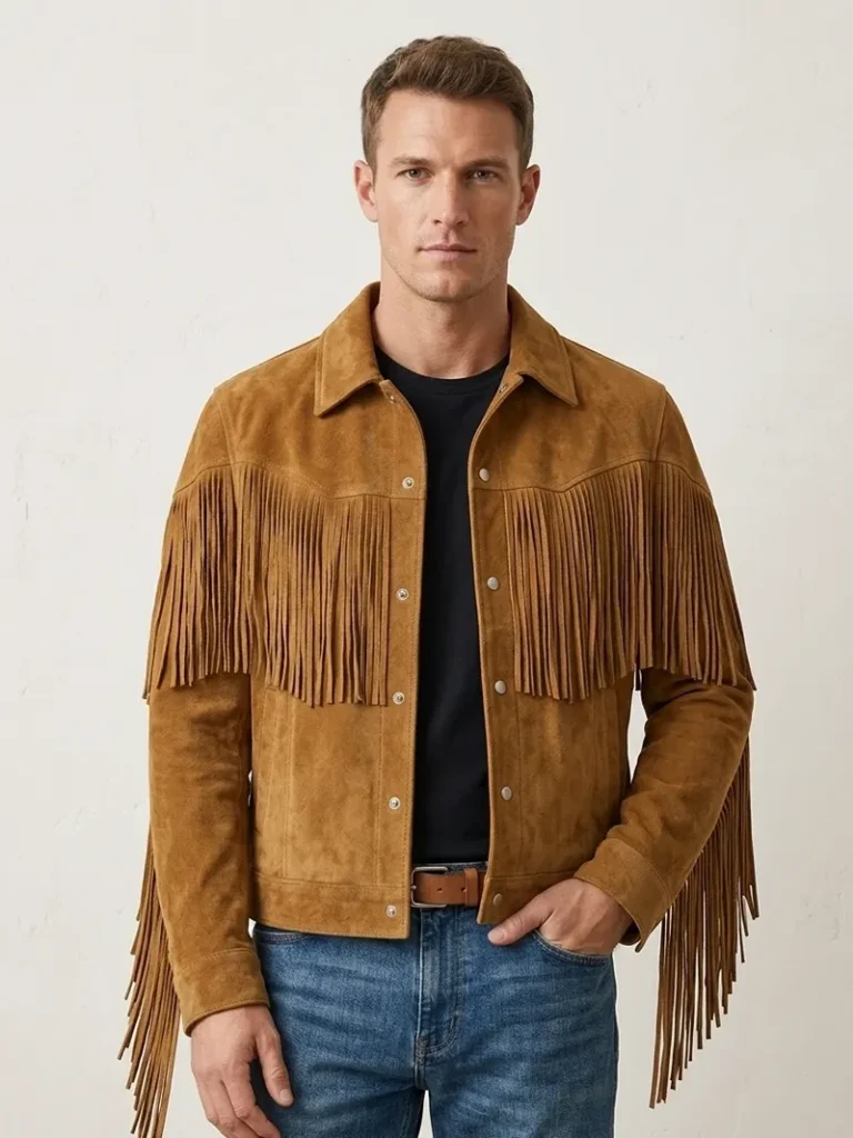 Tan Suede Fringe Jacket for Men Western Style