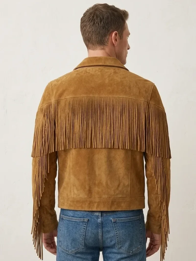 Tan Suede Fringe Jacket For Men Western Style 2 Tan Suede Fringe Jacket for Men Western Style back side