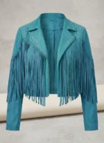Teal Suede Fringe Jacket for Women Western Studded Motorcycle Style - Image 3