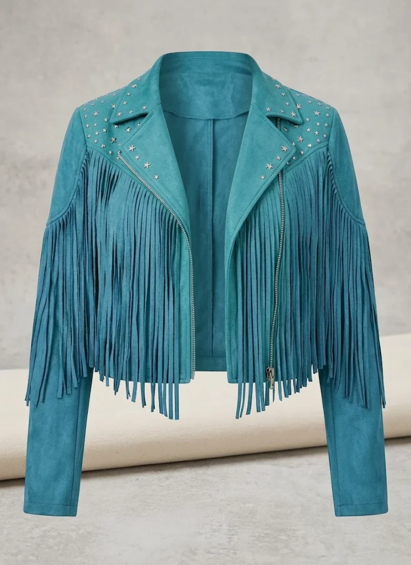 Teal Suede Fringe Jacket for Women Western Studded Motorcycle Style - Image 3