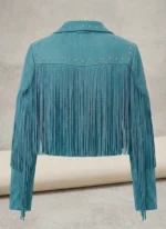 Teal Suede Fringe Jacket for Women Western Studded Motorcycle Style - Image 4
