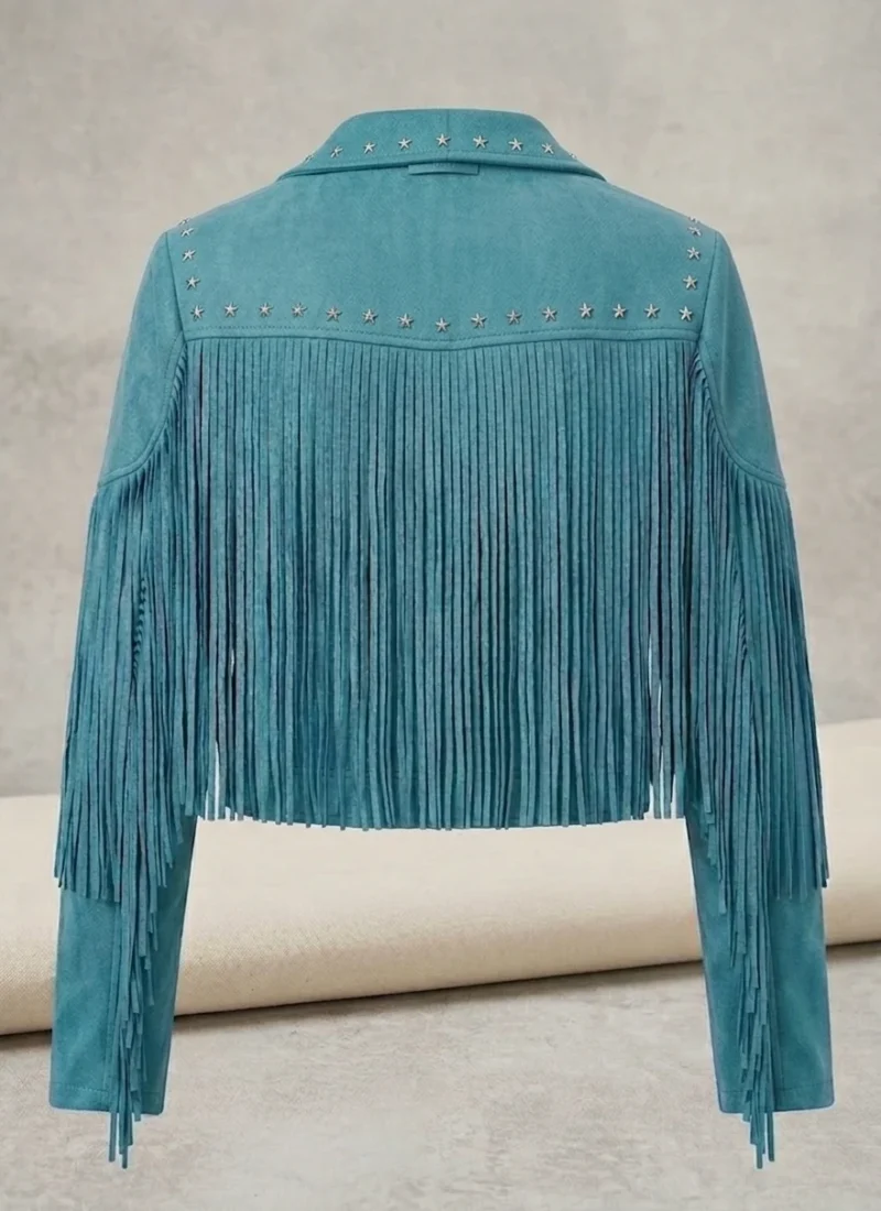 Teal Suede Fringe Jacket for Women Western Studded Motorcycle Style - Image 4