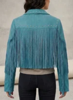 Teal Suede Fringe Jacket for Women back side