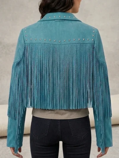 Teal Suede Fringe Jacket for Women back side