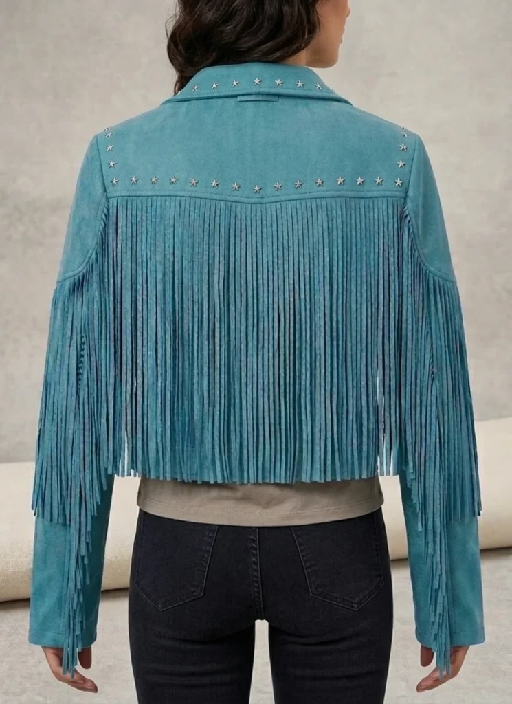 Teal Suede Fringe Jacket For Women 3 Teal Suede Fringe Jacket for Women back side