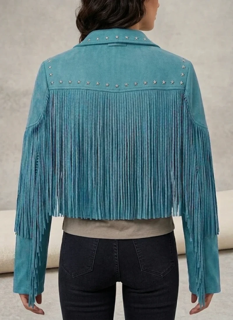 Teal Suede Fringe Jacket for Women back side