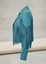 Teal Suede Fringe Jacket for Women Western Studded Motorcycle Style - Image 5