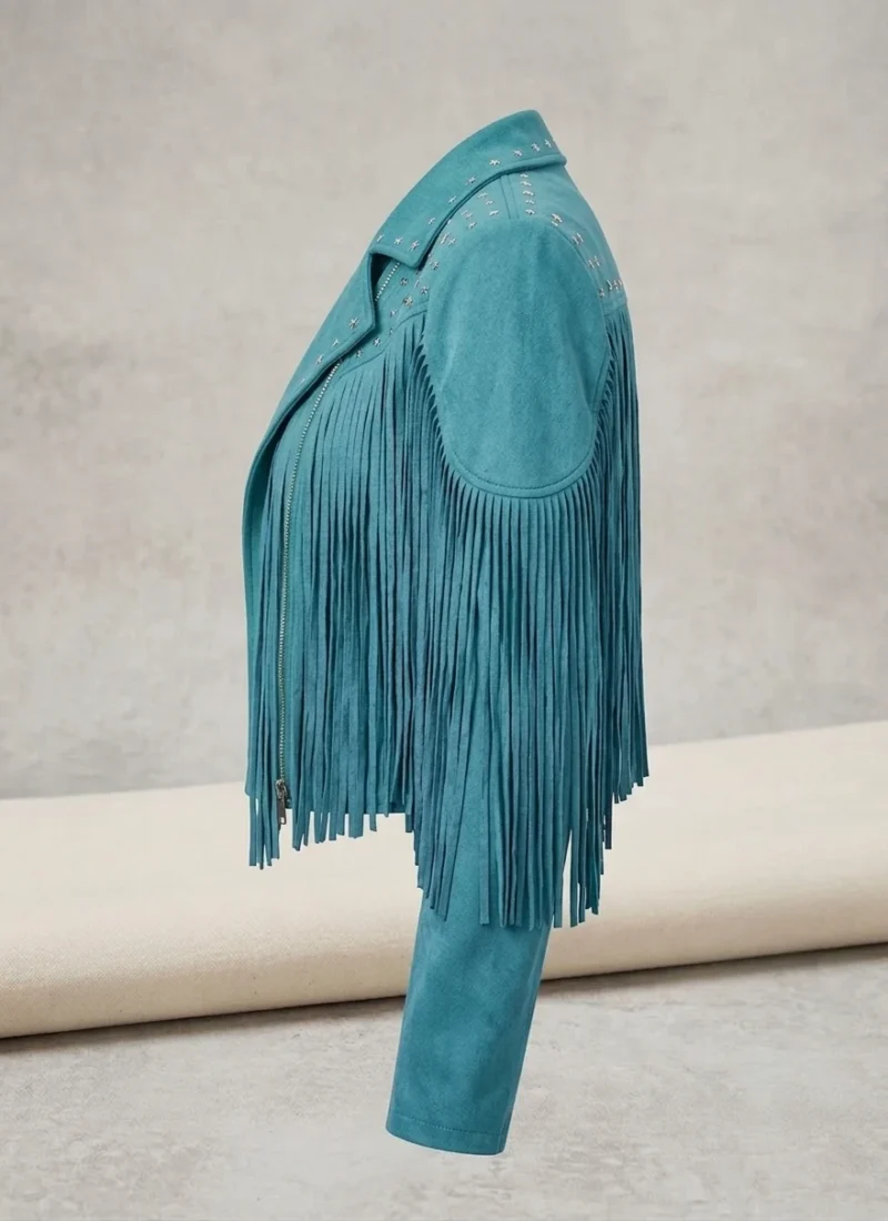 Teal Suede Fringe Jacket for Women Western Studded Motorcycle Style - Image 5
