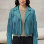 Teal Suede Fringe Jacket for Women