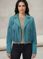 Teal Suede Fringe Jacket for Women