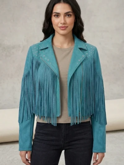 Teal Suede Fringe Jacket for Women