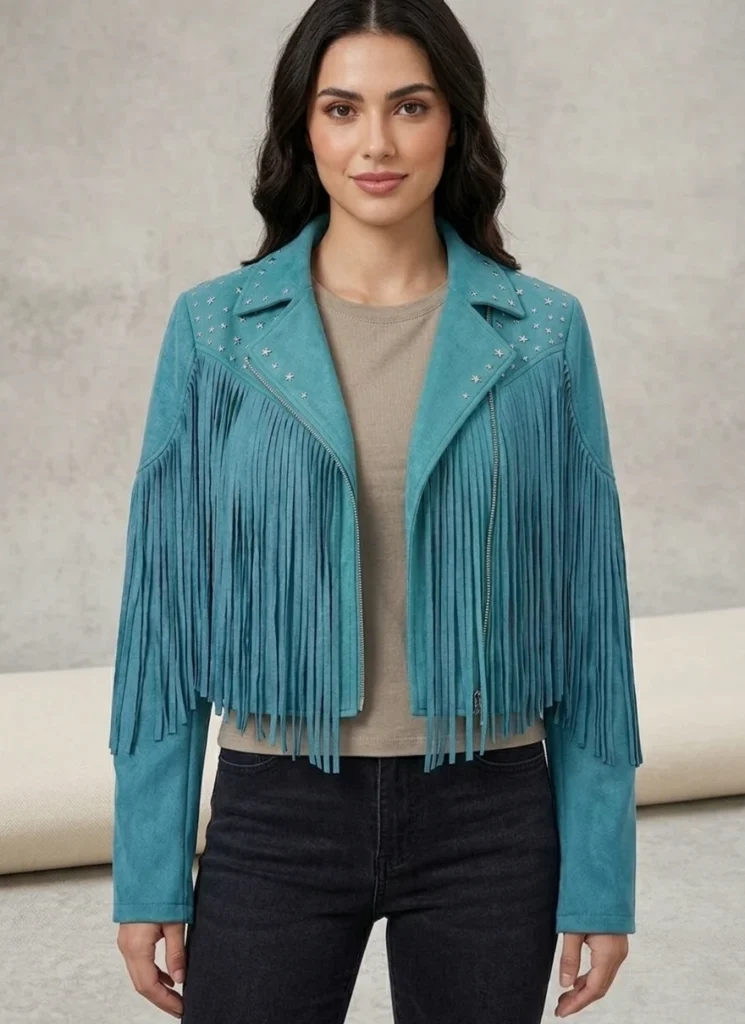 Teal Suede Fringe Jacket for Women