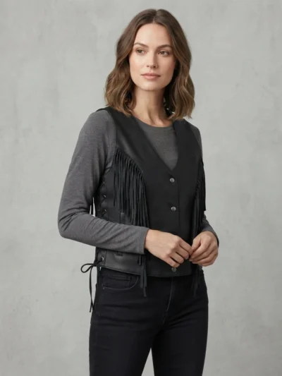 Womens Black Leather Fringe Vest with Western Side Lacing