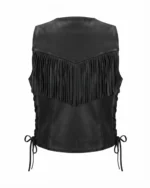 Womens Black Leather Fringe Vest with Western Side Lacing back