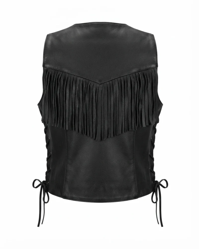 Womens Black Leather Fringe Vest with Western Side Lacing back