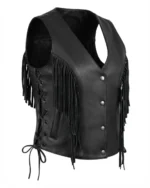 Womens Black Leather Fringe Vest with Western Side Lacing side