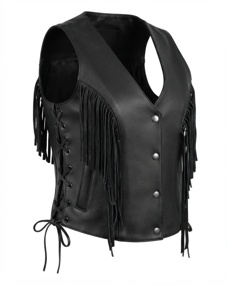 Womens Black Leather Fringe Vest with Western Side Lacing side