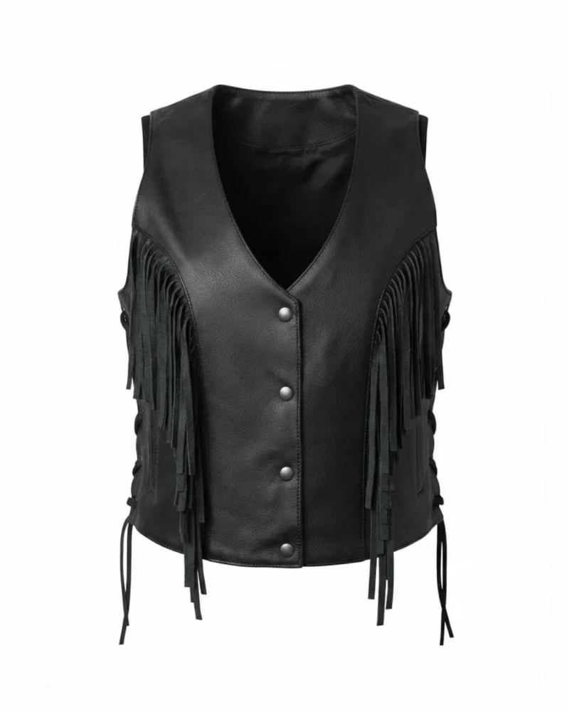 Womens Black Leather Fringe Vest with Western Side Lacing